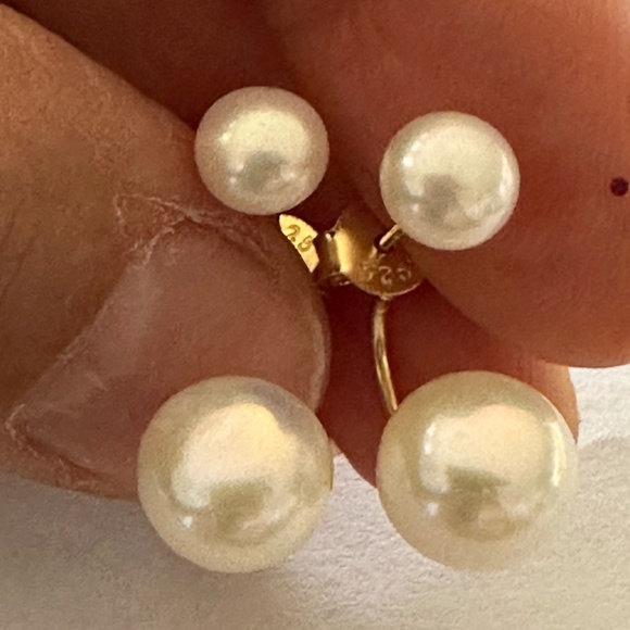 TWO Cultured White Pearls - 6mm and 8.5mm - Double Drop - 14K YG over 925 Silver - Picture 1 of 8